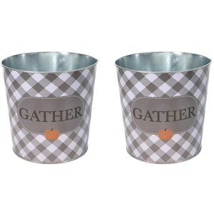 2 Count White/Grey Fall Harvest Tin Bucket Pail Container/Pot Pumpkin "Gather"